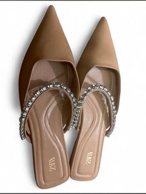 ZARA Tan Pointed Toe Slide Mules with Crystal Straps